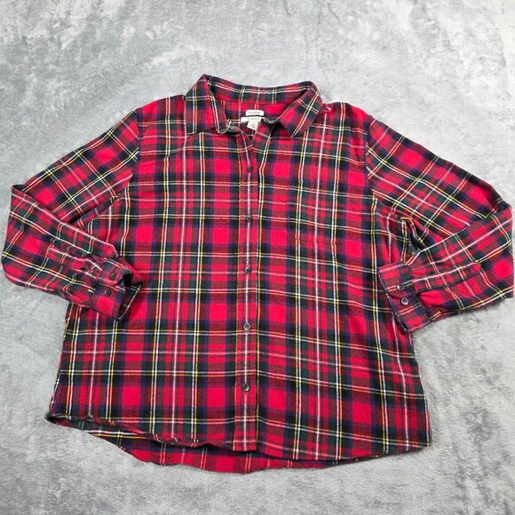 LL Bean Top Womens XL Petite Red Scotch Plaid Flannel Button Up Shirt - Picture 1 of 8
